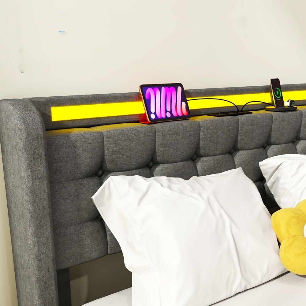 140x200cm/160x200cm Modern Grey Upholstered Ottoman Bed with Hydraulic Lift & Underbed Storage, Surround LED Lighting - Gas Lift Bed Frame Suitable for Small Spaces, Assembly, No Mattress Included