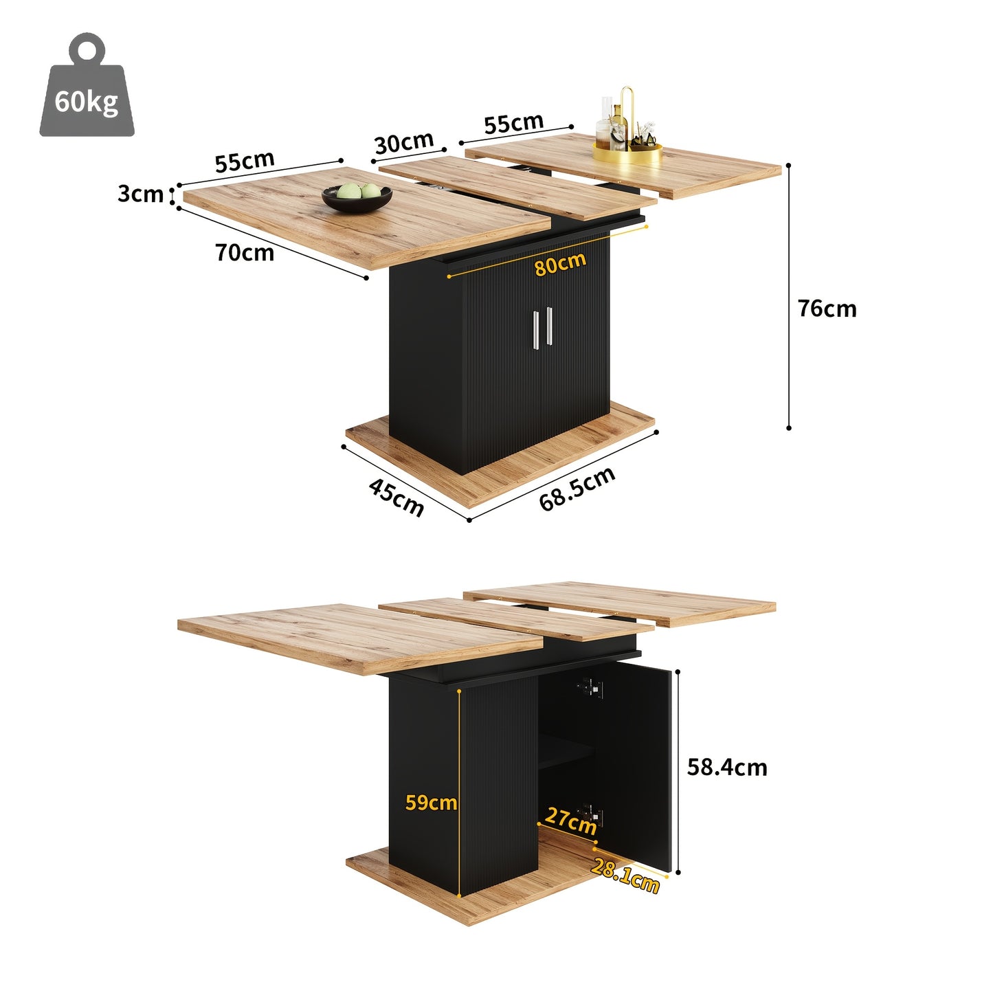 1pc Retractable Extendable Dining Table with 3-Tier Storage - Space-Saving Modern Classic Design, Bamboo & Black Finish, Manual Operation, No Assembly Required, Expandable Kitchen & Living Room Table for Small Spaces, Durable