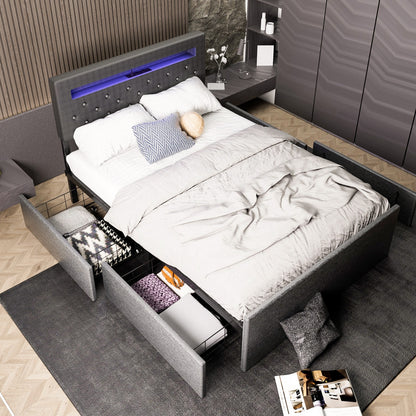Bedframe – Bed – Ledikant – Slaapbed – Opbergbed – Modern Design – 4 Ruime Opberglades – Stofbekleding Grijs Linnen