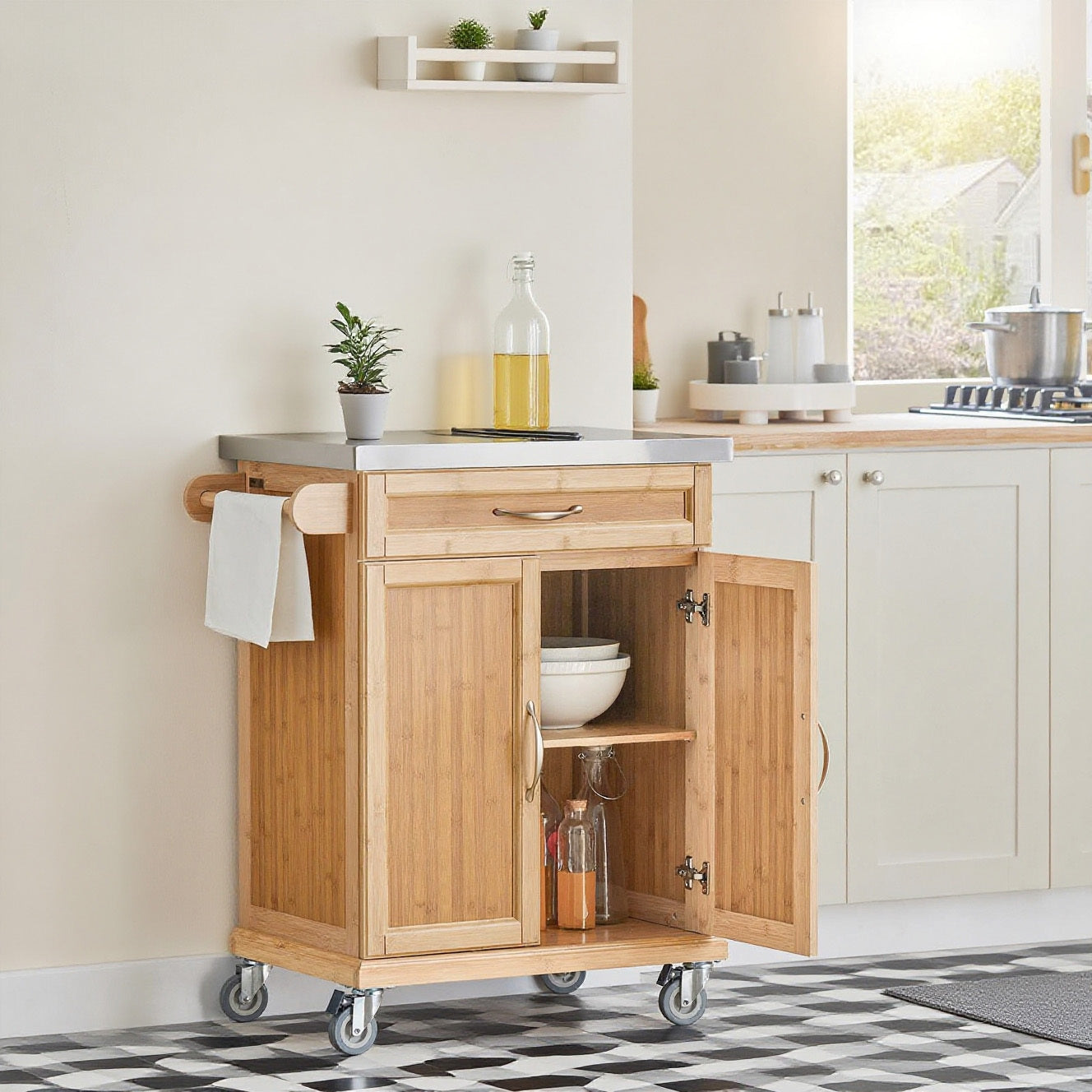 Keukentrolley – Keukenwagen – Serveerwagen – Keukenrek – Keukenkast – Bamboe Met RVS Werkblad – Mobiel Met Remmen – 66x92x46 cm