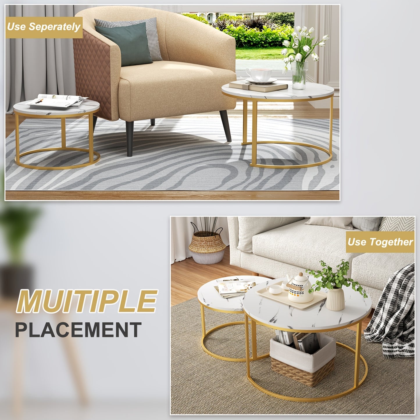 Salontafel – Bijzettafel – Woonkamertafel – Koffietafel – Nestbare Tafelset – Wit Marmerlook – Zwart Metalen Frame