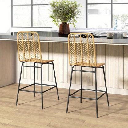 Boho Barstoelen – Barkrukken – Hoge Stoelen – Zitkrukken – Keukenstoelen – PE Rotan Vlechtwerk – Met Voetensteun – Kussen – Zwarte Metalen Poten – Set Van 2 – Mosterdgeel – Ruimtebesparend – Eenvoudige Montage