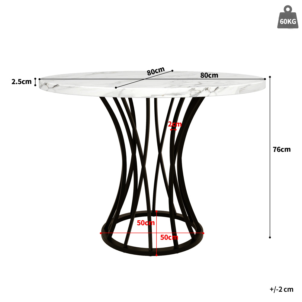 Rondetafel – Ronde Eettafel – Keukentafel – Tafel – MDF Tafel – Marmeren Blad – Glanzende Metalen Poten – 80x80x76 cm – Lichtgewicht & Luxe