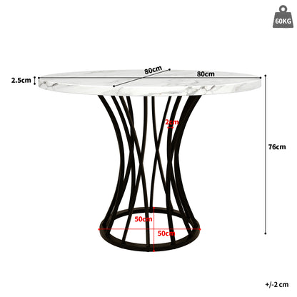 Rondetafel – Ronde Eettafel – Keukentafel – Tafel – MDF Tafel – Marmeren Blad – Glanzende Metalen Poten – 80x80x76 cm – Lichtgewicht & Luxe