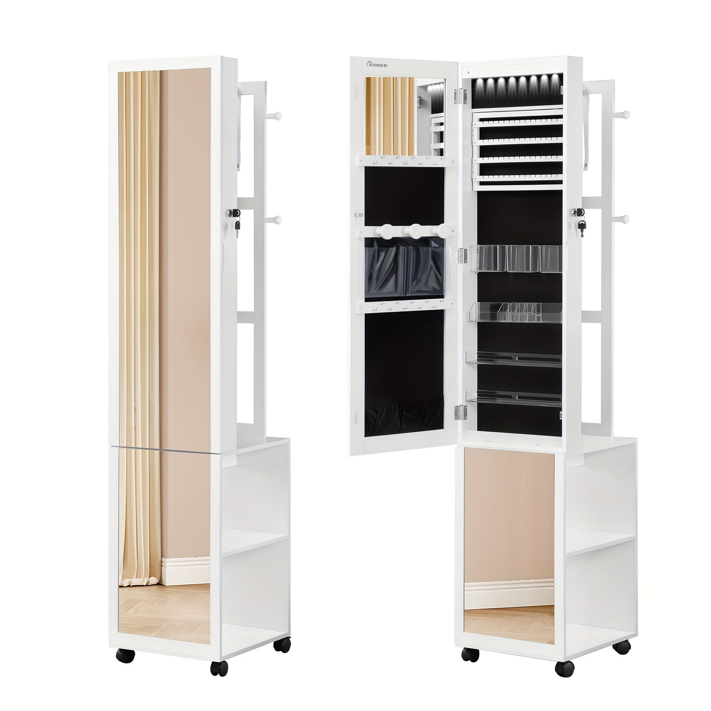 Sieradencabinet – Sieradenkast – Juwelendoos – Mirrorkast – Organizer – Wit Met Zwarte Voering – 36x40x170 cm – Met Wieltjes En Slot
