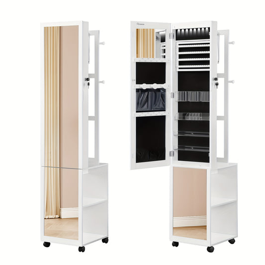 Sieradencabinet – Sieradenkast – Juwelendoos – Mirrorkast – Organizer – Wit Met Zwarte Voering – 36x40x170 cm – Met Wieltjes En Slot