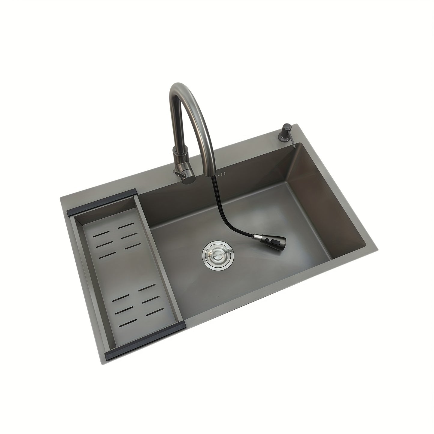 Handmade stainless steel sink with pull-out faucet and drain basket in gray large capacity sink with soap dispenser and drainage kit,  Sleek Sink, Rectangular Sink, Highquality Sink, Undermount Sink