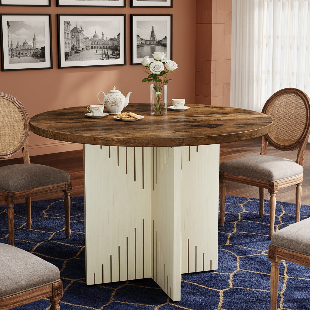 Ronde Eettafel – Eettafel Rond – Tafel Met Centrale Poot – Ronde Tafels – Keukentafel Rond – 100 cm Diameter – Stevige Kruisvoet & Krasbestendig Tafelblad