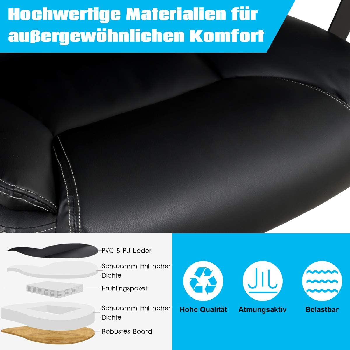 Bureaustoel – Office Chair – Werkstoel – Computerstoel – Bureaustoel Ergonomisch – Verstelbare Zithoogte 50-60 cm – Draagvermogen 220 kg – 360° Draaibaar – Kunstleer Zwart