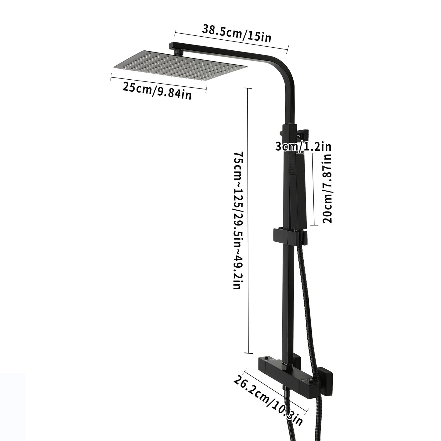Douchekop – Regendouche – Handdouche – Thermostaatkraan – Badkamerkraan – Mat Zwart – Thermostatische Temperatuurregeling – 25x25 cm Regendouchekop