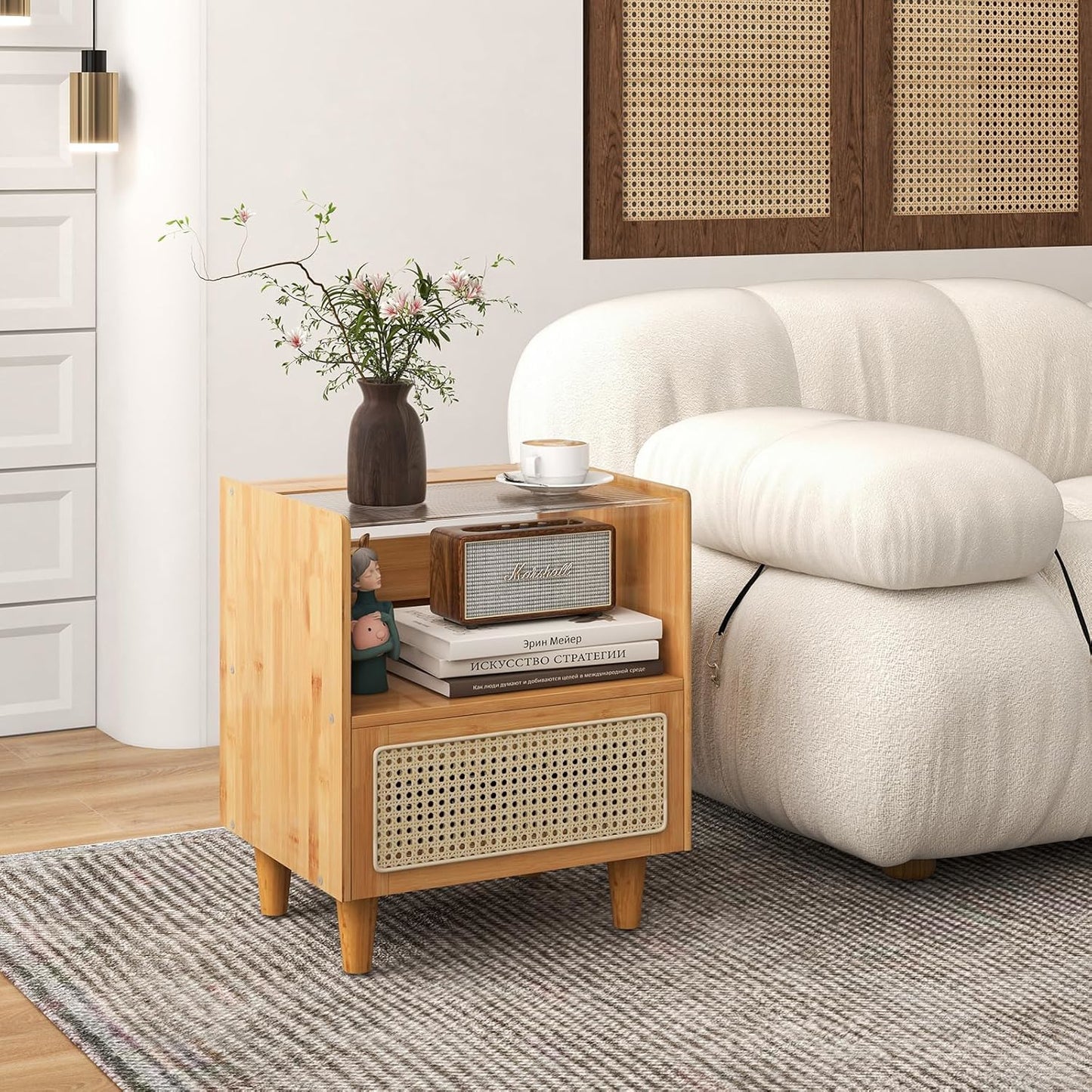 Nachtkastje – Nachtkastjes – Bijzettafel – Bedtafel – Ladekastje – Bamboe Met Rotan – Verstopte Opbergruimte – Natuurlijk Hout