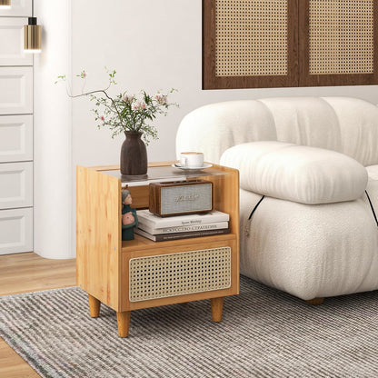 Nachtkastje – Nachtkastjes – Bijzettafel – Bedtafel – Ladekastje – Bamboe Met Rotan – Verstopte Opbergruimte – Natuurlijk Hout