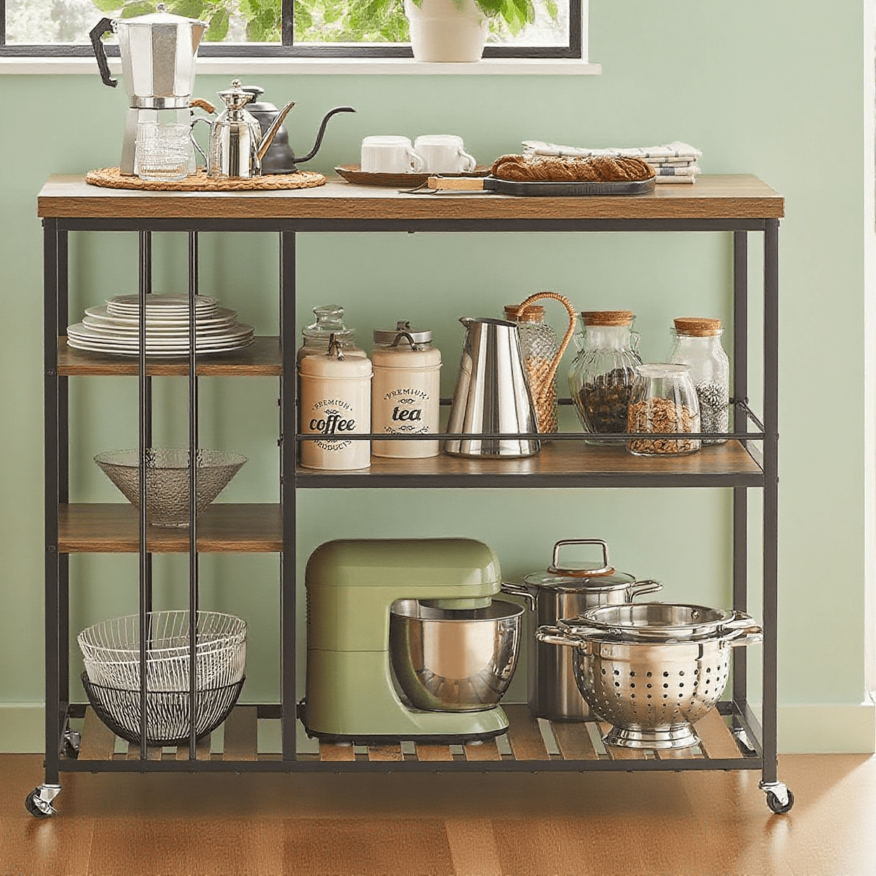 Keukentrolley – Serveerwagen – Opbergkast – Keukenwagen – Keukenrek – Industrieel Design – 110x45x92 cm – Zwenkwielen Met Rem