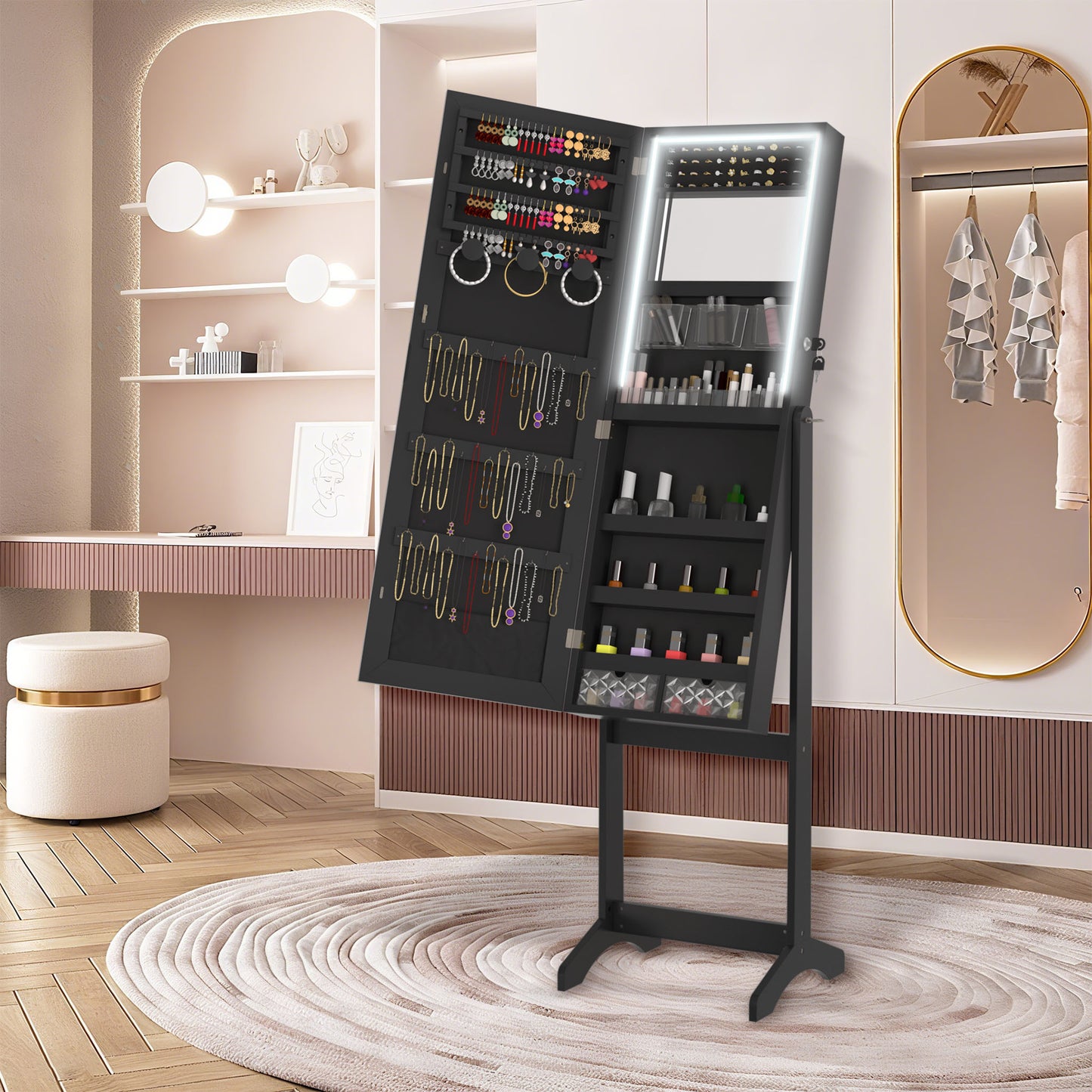 Sieradekast – Juwelendoos – Sieradenkist – Sieradenopberger – Staande Kast – Verstelbare Spiegel – Afsluitbaar Slot – MDF Constructie – Ruimtebesparend Design – 152x39,5x36,5 cm – Zwart met Zwarte Bekleding