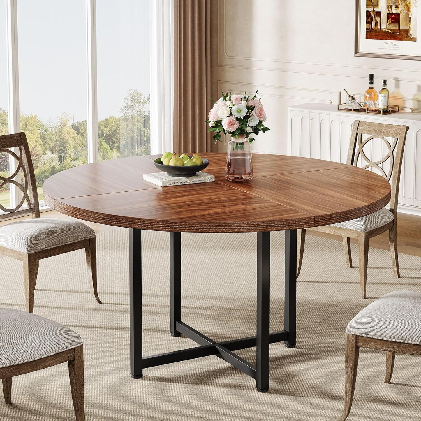 Ronde Eettafel – Ronde Tafel – Keukentafel – Industriële Tafel – Compacte Eettafel – 120 cm Diameter – Met Zwart Metalen X-Frame