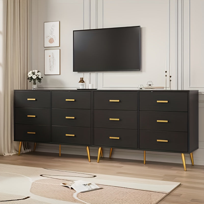 Ladekast – Dressoir – Ladenkast – Opbergkast – Kledingkast – Zwart met Gouden Handgrepen – 6 Ruime Lades – Compact MDF en Hout