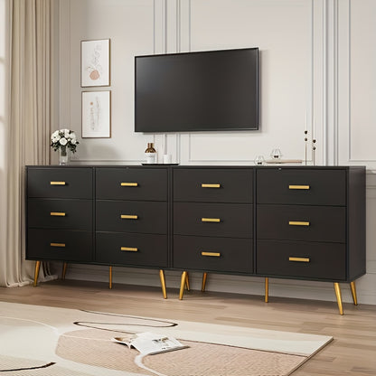 Ladekast – Dressoir – Ladenkast – Opbergkast – Kledingkast – Zwart met Gouden Handgrepen – 6 Ruime Lades – Compact MDF en Hout