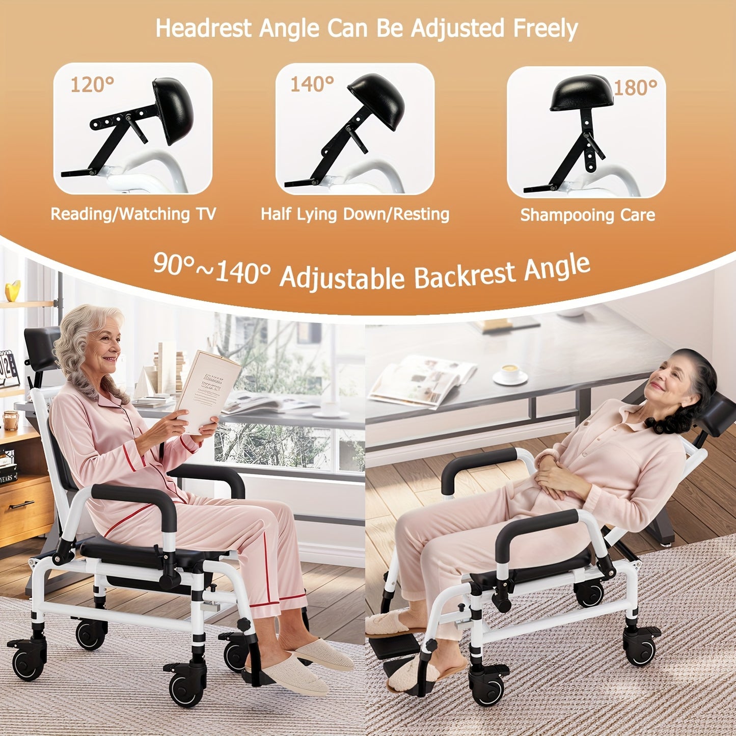 Reclining Shower Chair With Wheels, Mobile Shower Chair With Thickened Soft Seat Cushion, Backrest And Flip-up Armrests, Extra-wide Seat, 90°-140° Adjustable Tilt Bedside Commode Chair, Suitable For The Elderly And Disabled