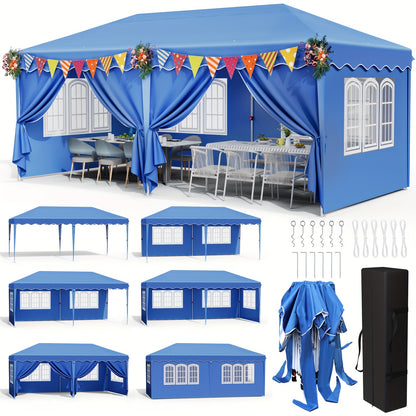 3x6 Folding Gazebo, Stable Canopy with 6 Side Panels, 420D Oxford Cloth Party Tent for Market & Wedding Camping - Height Adjustable Garden Pavilion w/ UV Protection 50+