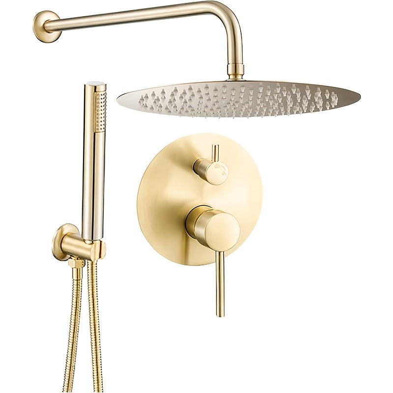 Shower System 30.48 cm Round Rainfall Showerhead Wall Mounted High Pressure Shower Faucet Set Fixture Combo with Cylindrical Handheld Spray, Round Rain Shower Head, Brushed Golden, Bathroom Upgrade, Sleek Bathroom Fixture, Co
