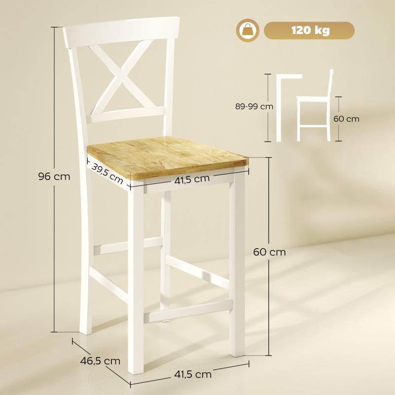 Barstoel – Barkruk – Barstoel Kruk – Barkrukken Set – Barstoel Met Rugleuning – Ergonomisch Crossback Ontwerp – Massief Rubberhout Wit/Naturel