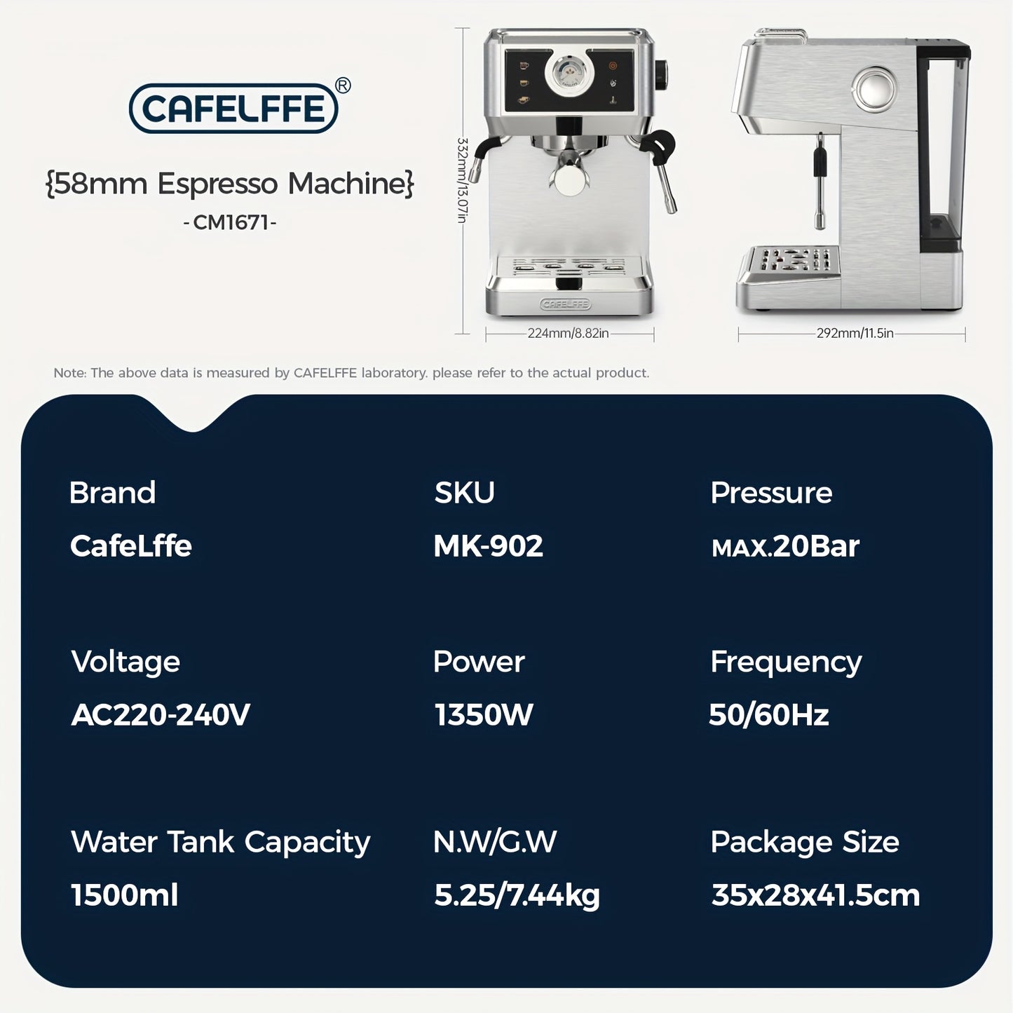CAFELFFE MK-902 Semi-automatic Italian Espresso, Automatic Pressure Relief, Stainless Steel Body, Commercial Configuration for Home Use, 58mm, 20bar Hot and Cold Extraction, PID Temperature Control, Suitable for Home and Offi