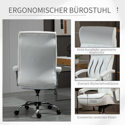 Bureaustoel – Executive Chair – Office Chair – Draaistoel – Ergonomische Stoel – Hoogte Verstelbaar – 360° Draaibaar Met Schommelfunctie – Wit Kunstleer Met Diamantpatroon – Stabiel Metalen Frame 66x69x121 cm
