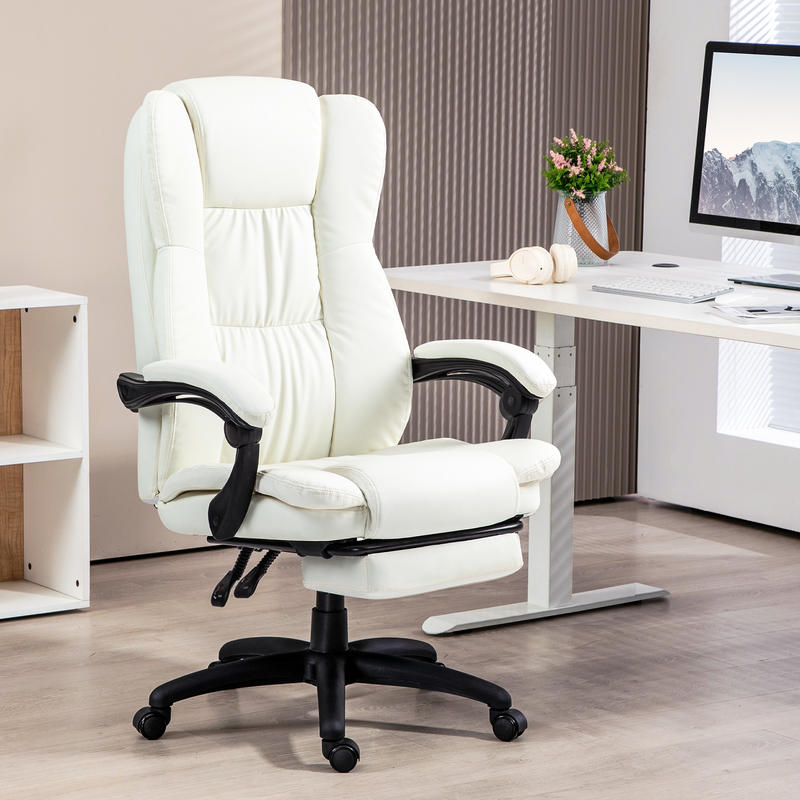 Adjustable Height Swivel Office Chair with Footrest & Massage Function - Heavy-Duty Metal Frame, Ergonomic High-Back Design, Cream White, Height-Adjustable Mechanism, 5-Wheel Base with 360° Rotation for Home Office & Profess