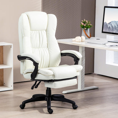 Adjustable Height Swivel Office Chair with Footrest & Massage Function - Heavy-Duty Metal Frame, Ergonomic High-Back Design, Cream White, Height-Adjustable Mechanism, 5-Wheel Base with 360° Rotation for Home Office & Profess