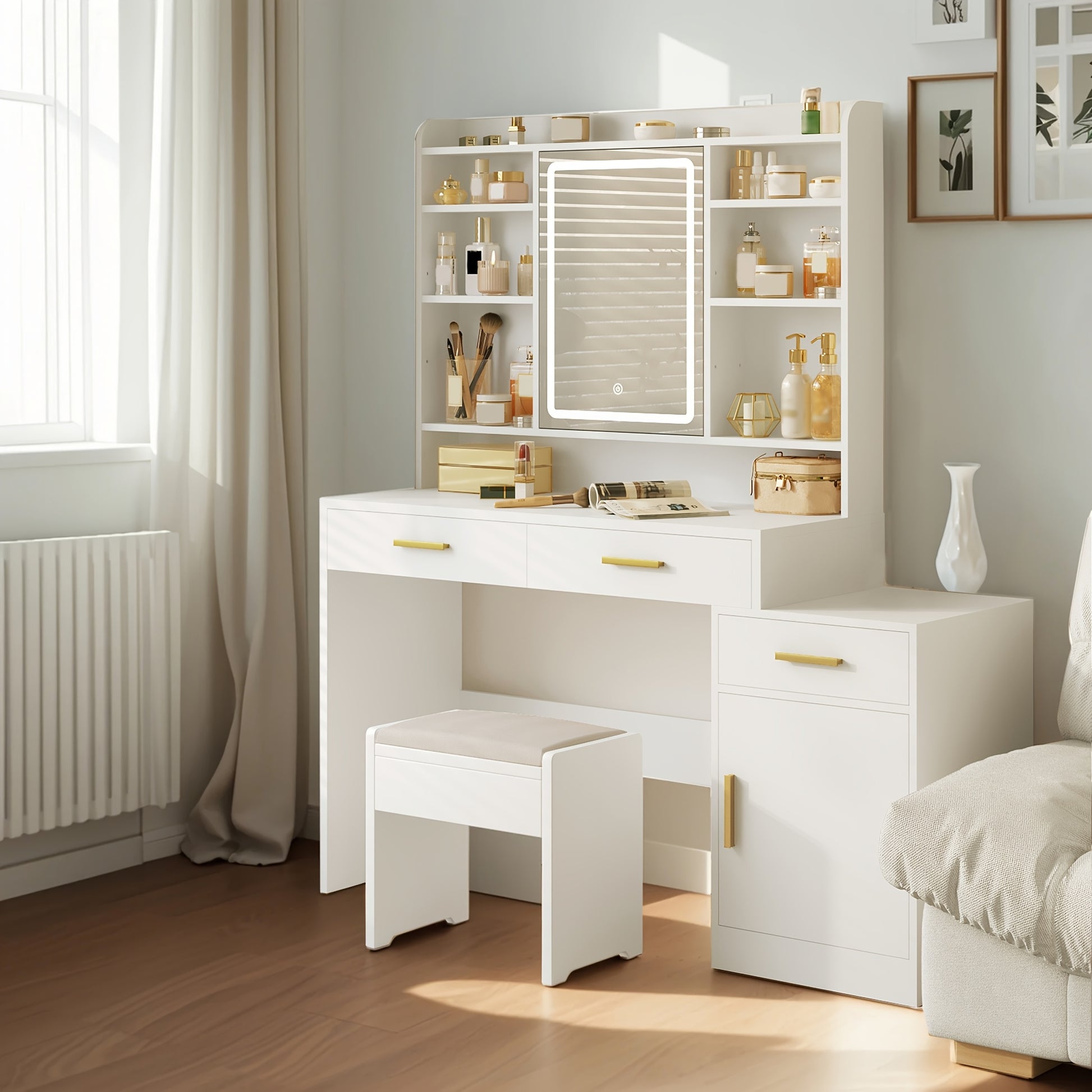 Dressing Table with Large Mirror, 3 Drawers and 1 Cabinet, Open Multi-Layer Shelves, Suitable for Bedroom, Wardrobe, 40 x 100 x 149cm, White, Jewelry Armoires - QUORE