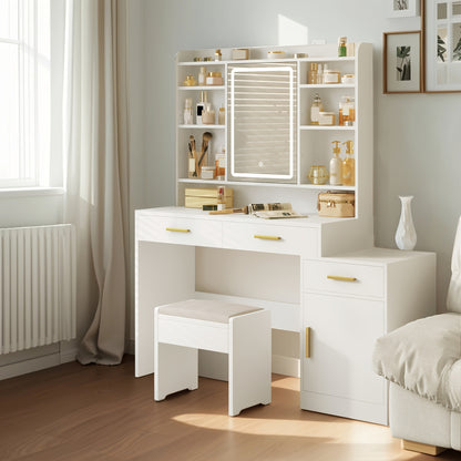 Dressing Table with Large Mirror, 3 Drawers and 1 Cabinet, Open Multi-Layer Shelves, Suitable for Bedroom, Wardrobe, 40 x 100 x 149cm, White, Jewelry Armoires - QUORE