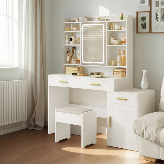Dressing Table with Large Mirror, 3 Drawers and 1 Cabinet, Open Multi-Layer Shelves, Suitable for Bedroom, Wardrobe, 40 x 100 x 149cm, White, Jewelry Armoires - QUORE