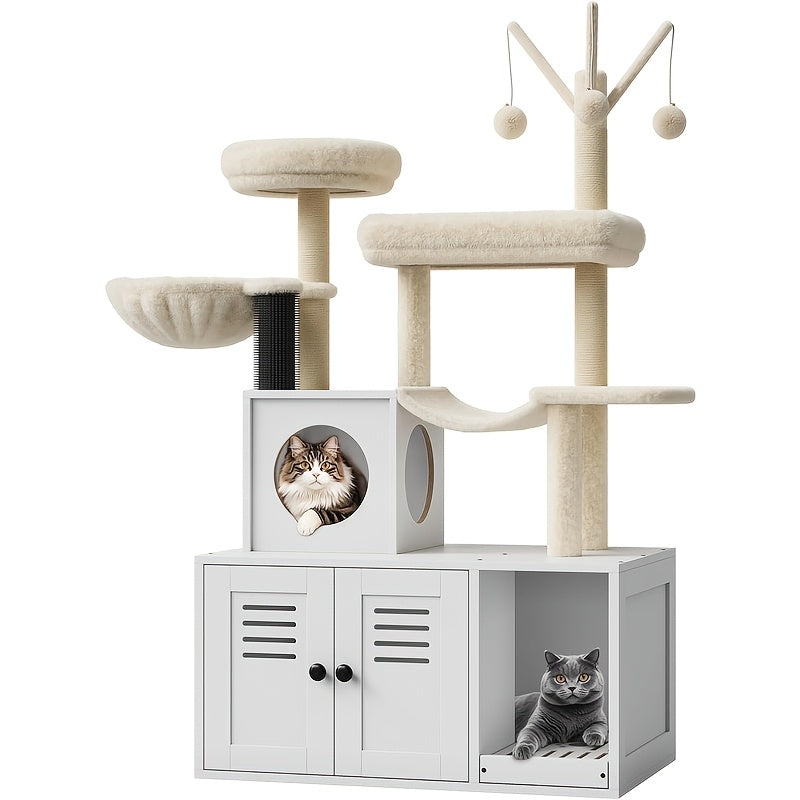 3-in-1 Cat Tree Tower with Hidden Litter Box - Multi-Level Cat Furniture House with Sisal Scratching Post, Plush Perch, Ladder & Enclosed Toilet - Space-Saving Wood Cat Tree for Cats (Compatible with Litter)