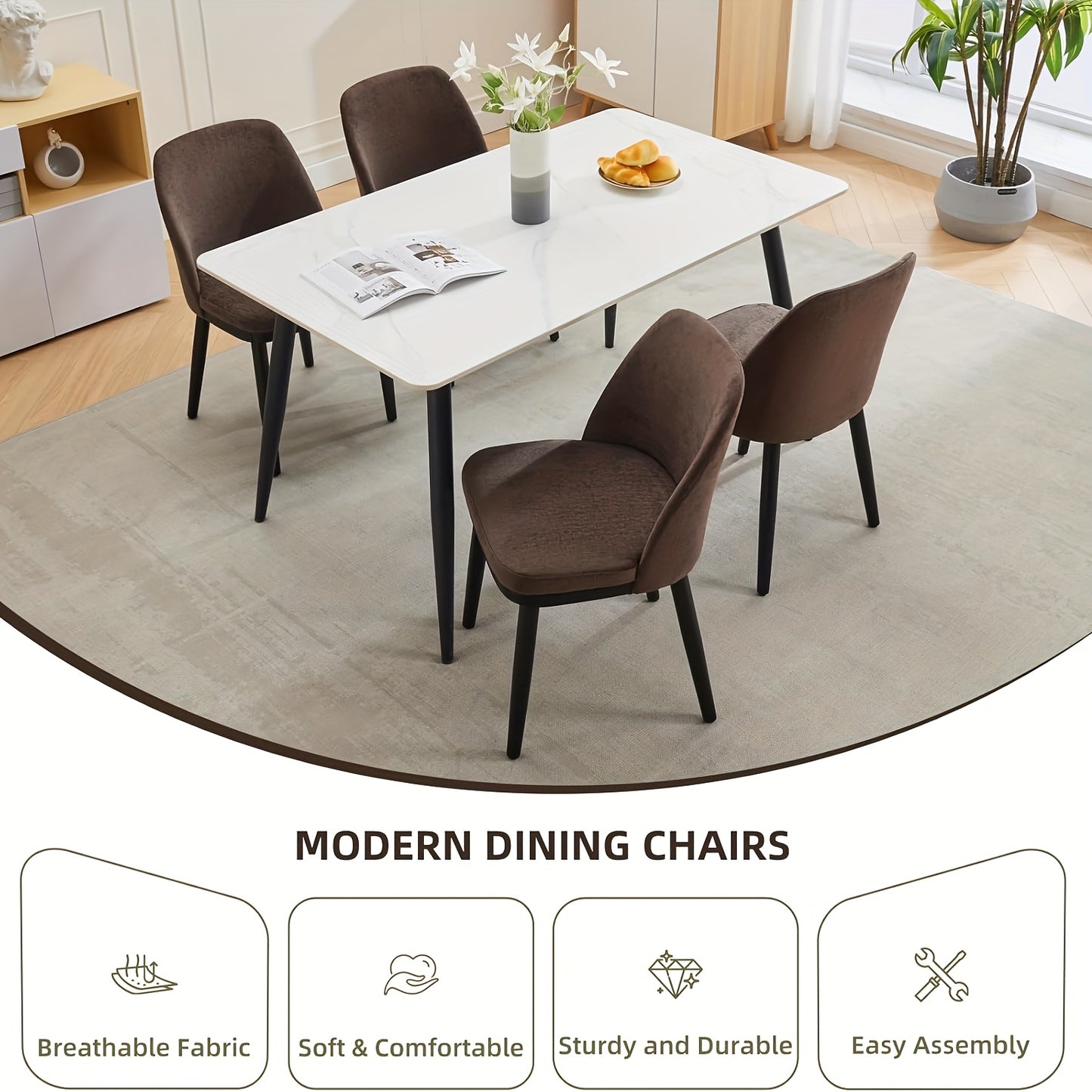 Eetkamerstoelen Set Van 4 – Stoelen – Zitmeubels – Keukenstoelen – Design Stoelen – Modern Design – Dikke Schuimkussens – Kunsthouten Poten – Bruin Linnen