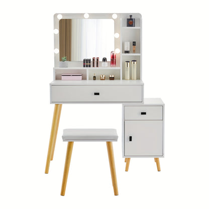 Witte Kaptafel – Make-up Tafel – Vanity Desk – Schminktisch – Dressing Table – Met 2 Opberglades – Uitbreidbaar Opbergkastje – Inclusief Gevuld Krukje
