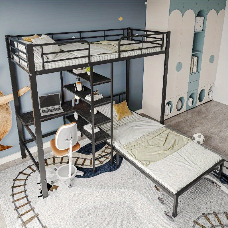 Stapelbed – Etagebed – Kinderbed – Hoogslaper – Kinderstapelbed – Met Bureau en Opbergruimte – Metalen Frame – 90x200 cm – Veiligheidshekken – Ladder – Zwart