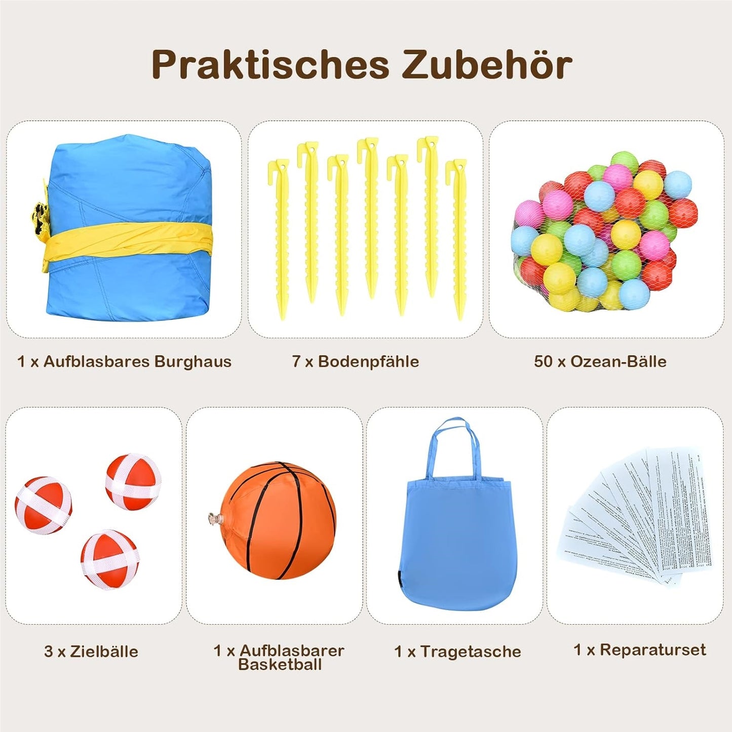 Springkasteel – Springkussen – Opblaasbaar Kasteel – Bouncer – Speelhuisje – Met Glijbaan & Ballenbad – Duurzaam Oxford Stof – Inclusief Basketbalring & Reparatiesetje 477x241x208 cm