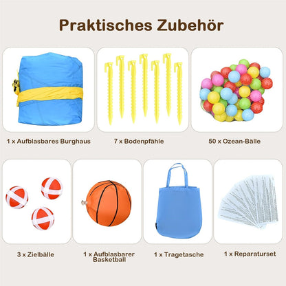 Springkasteel – Springkussen – Opblaasbaar Kasteel – Bouncer – Speelhuisje – Met Glijbaan & Ballenbad – Duurzaam Oxford Stof – Inclusief Basketbalring & Reparatiesetje 477x241x208 cm