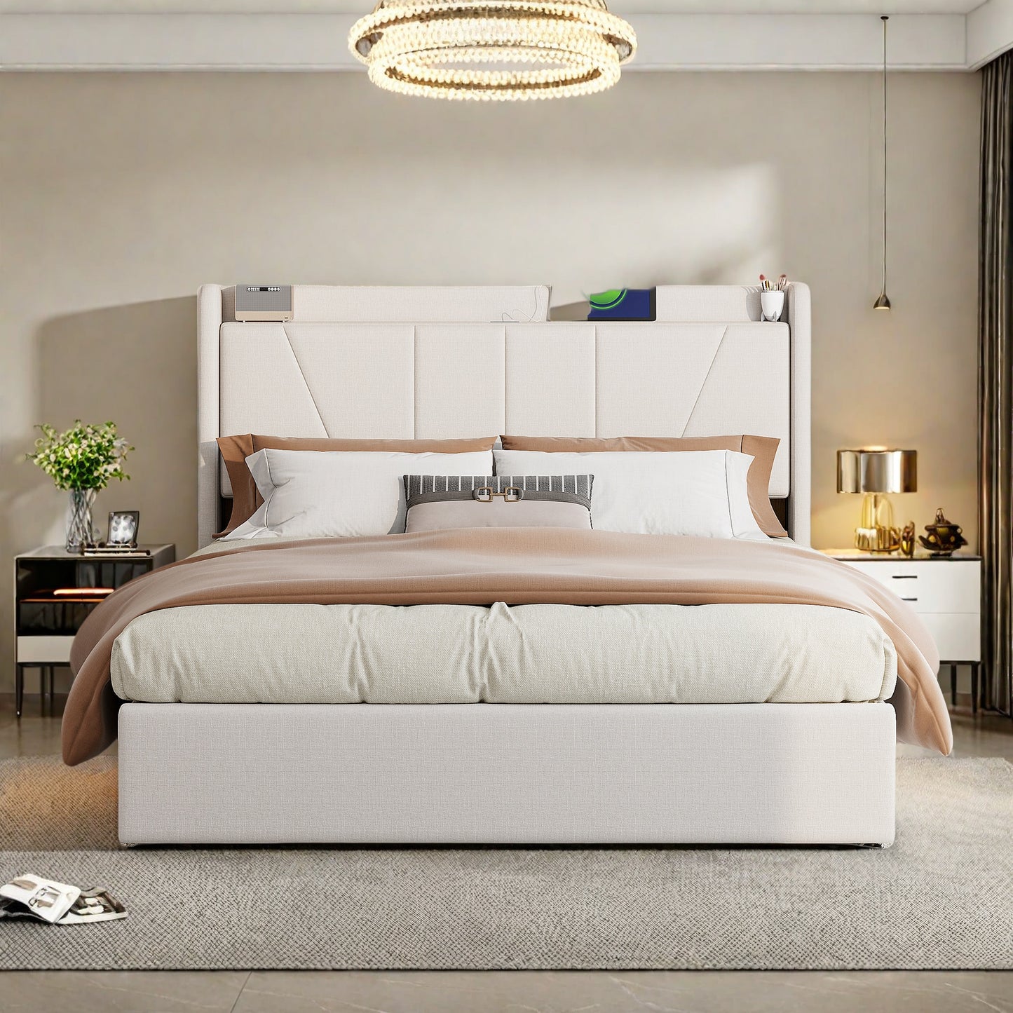 Bedframe – Tweepersoonsbed – Gestoffeerd Bed – Bedplaats – Slaapbank – 160x200 cm – Beige Linnen Bekleding – Hydraulische Opbergruimte