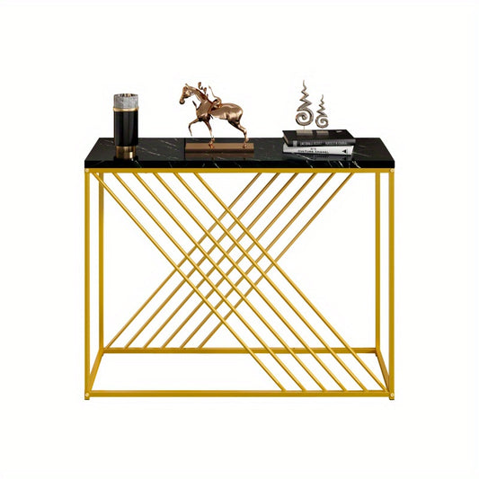 Sidetable – Console Tafel – Wandtafel – Haltafel – Dressoir – Zwart-Goud MDF – 100x35x77 cm – Hoogglans Blad – Stevig Metalen Frame