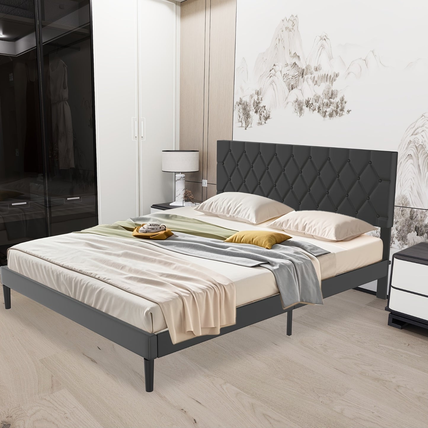 Gestoffeerd Bed – Bedframe – Slaapbank – Boxspring – Ledikant – Zachte Stof Bekleding – Max. Draagkracht 300 Kg – Zwart – 160x200 cm