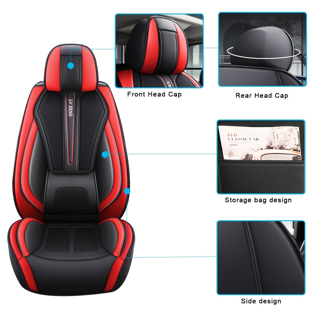 5-seater Luxury Car Seat Cover Faux Leather With 2 Headrest Waist Pillow Suitable For Most Cars SUV Truck Airbags Compatible With Waterproof Breathable