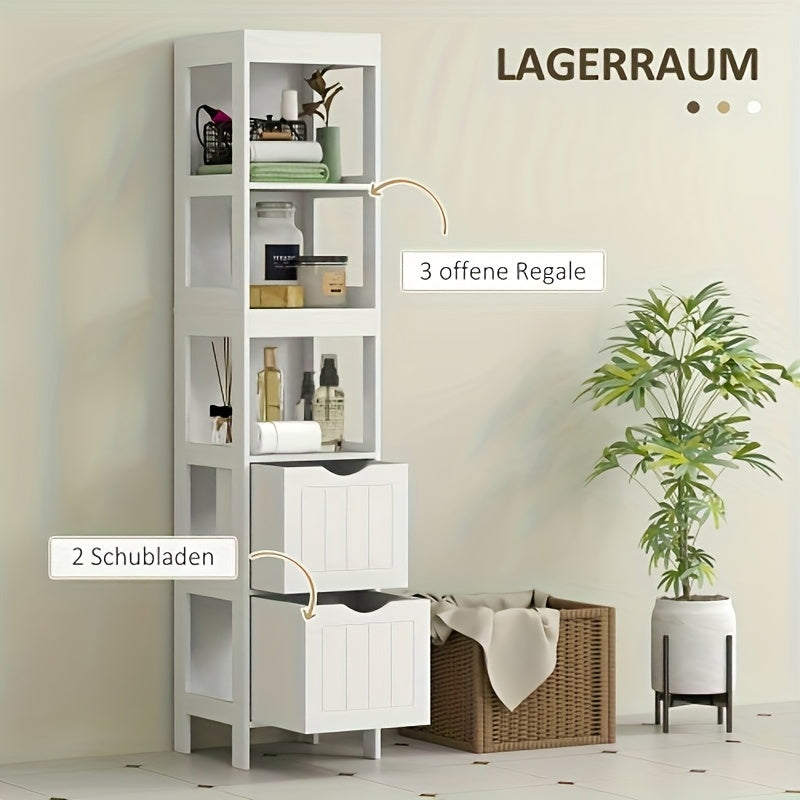 Badkamerkast – Badkamermeubel – Opbergkast – Kolomkast – Wastafelonderkast – Vrijstaand – Bamboe – 2 Lades & 3 Open Vakken – Compact Design – Natuurlijk Wit