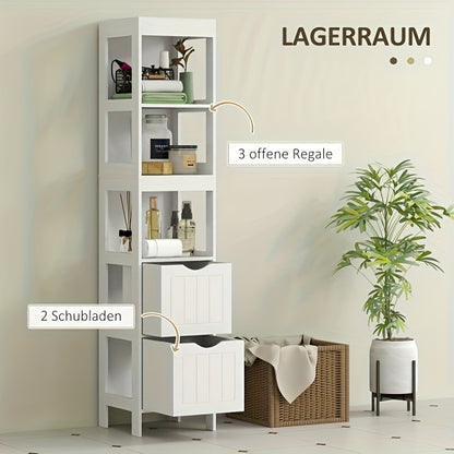 Badkamerkast – Badkamermeubel – Opbergkast – Kolomkast – Wastafelonderkast – Vrijstaand – Bamboe – 2 Lades & 3 Open Vakken – Compact Design – Natuurlijk Wit