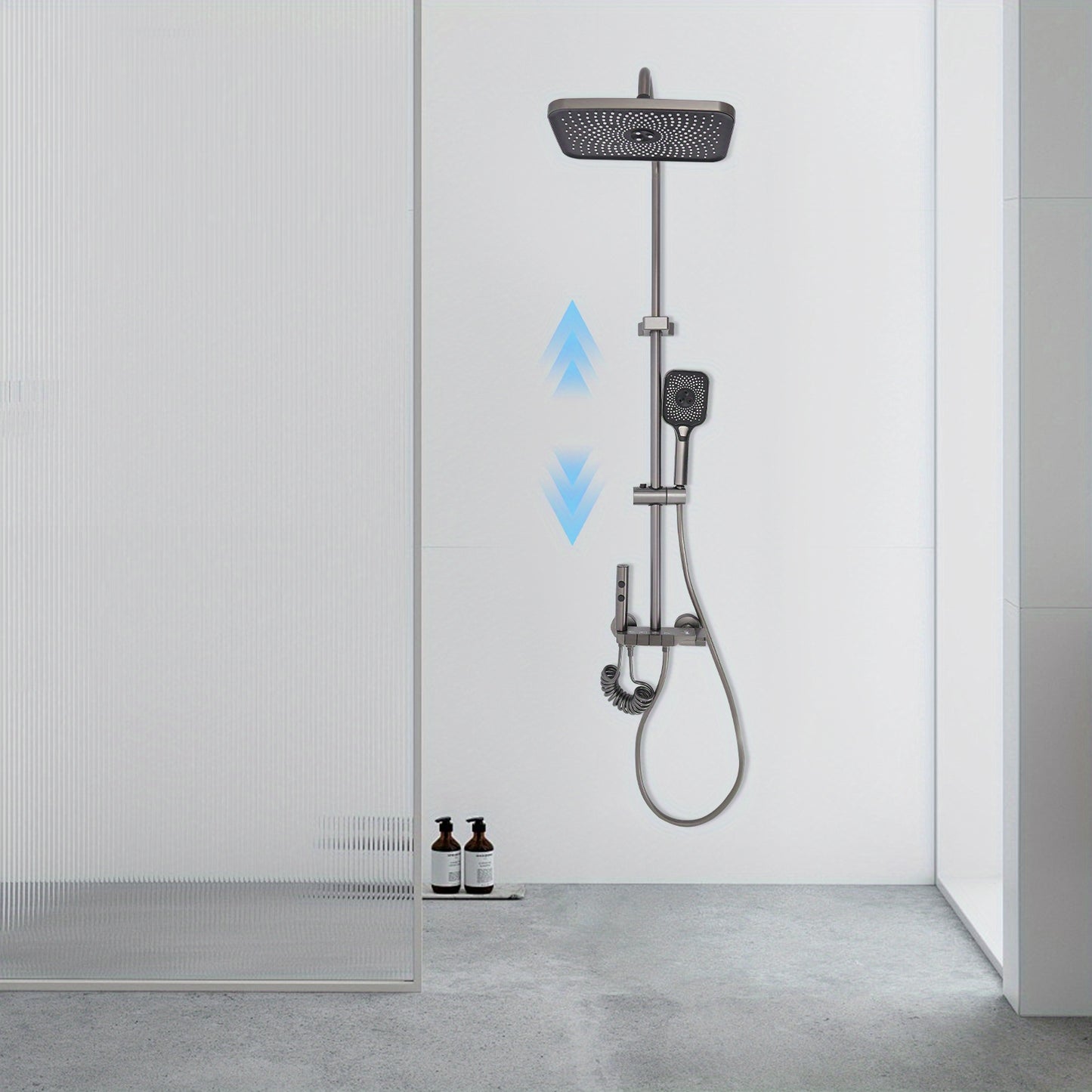 TOOL1SHOOO Modern Wall-Mounted Shower System with 4--1 Spray Functions, Adjustable Temperature Control, & PVD Coated Brass - High-Pressure Rain, Handheld with Pulse/Rain/Mix Modes, Water-Saving Design for Contemporary Bathroo