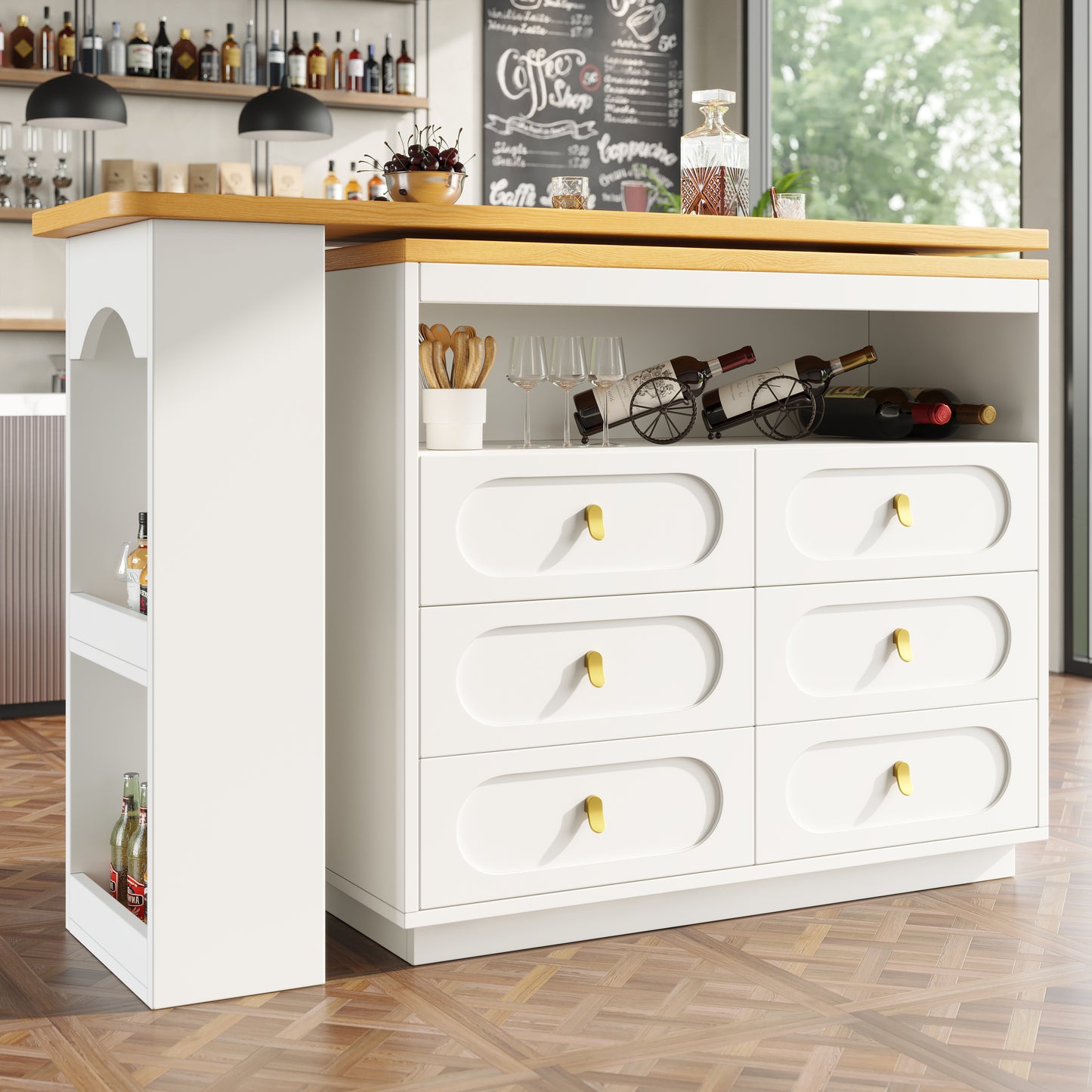 Uitklapbare Bartafel – Barmeubel – Bartafel – Eettafel – Werktafel – 360° Draaibaar Tafelblad – 138-203 cm Verstelbaar – Wit