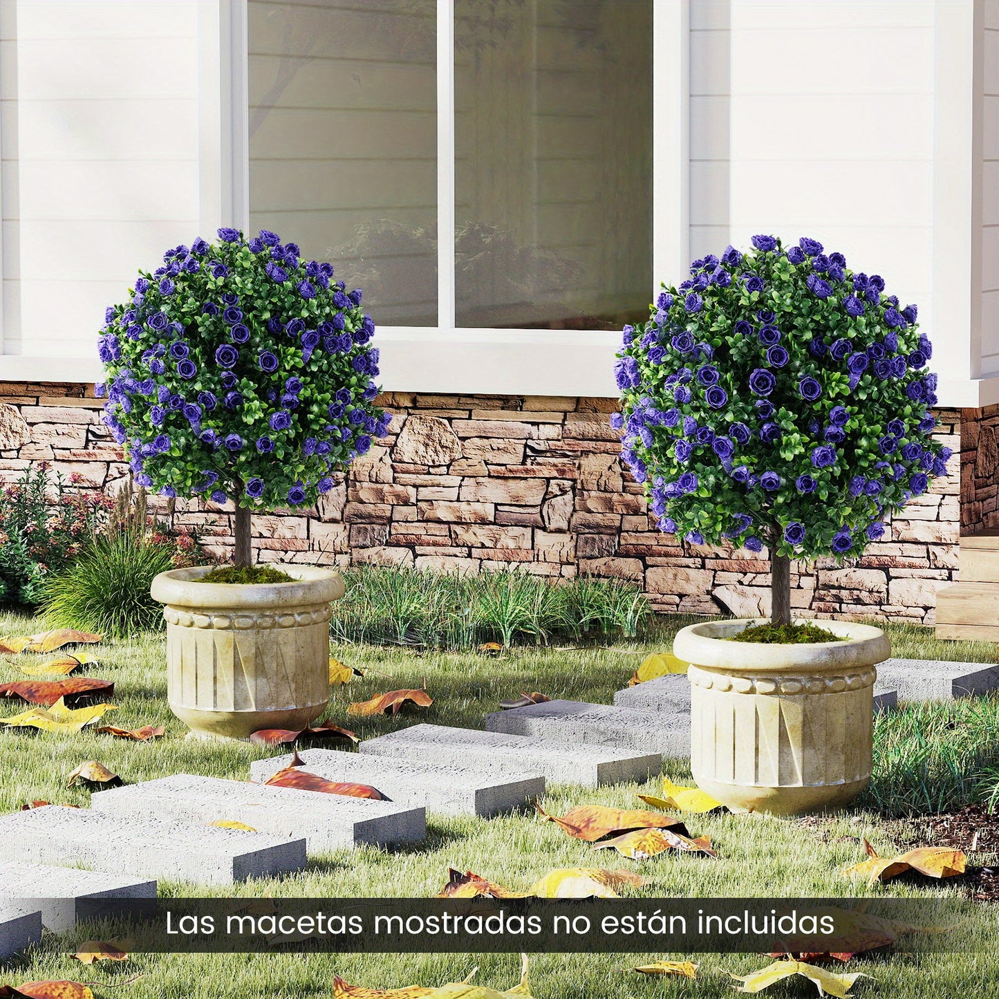 Kunstplant – Kunstboom – Kunstbuxus – Nepplant – Kunstbuxustopiary – Set 2 stuks – 55 cm Hoog – Cementgevulde Stevige Pot – Realistisch 7-Laags Blad – Paarse Rozen – Weerbestendig PE/PP – Onderhoudsvrij