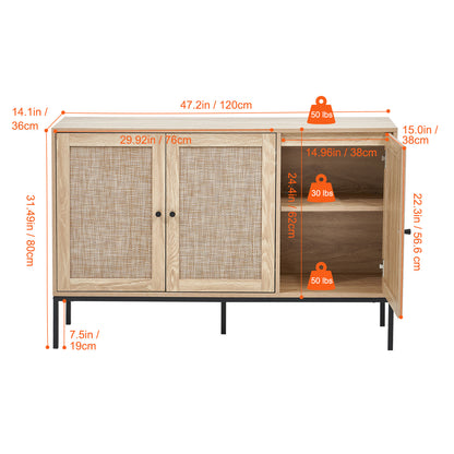 Rotan kast – Rattan kast – Opbergkast – Dressoir – Ladekast – Handgevlochten deuren – Verstelbare planken – 120 cm breed – Natuurlijk materiaal