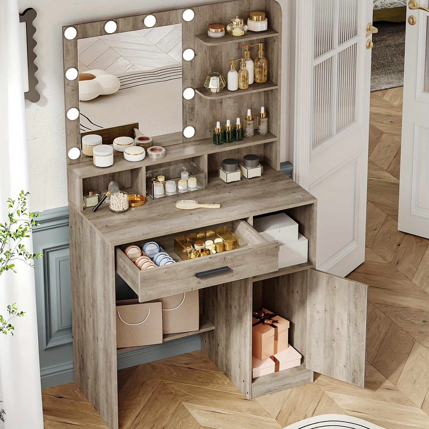 Kaptafel – Make-uptafel – Schoonheidstafel – Make-upmeubel – Greige – 10 Dimbare LED Lampen – 3 Planken & Grote Lade