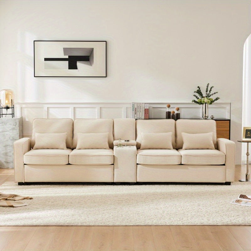 Bankstel – 4-Zitsbank – Zitbank – Hoekbank – Slaapbank – Modern Linnen – Console Met 2 Bekerhouders – Opbergruimte In Armleuning